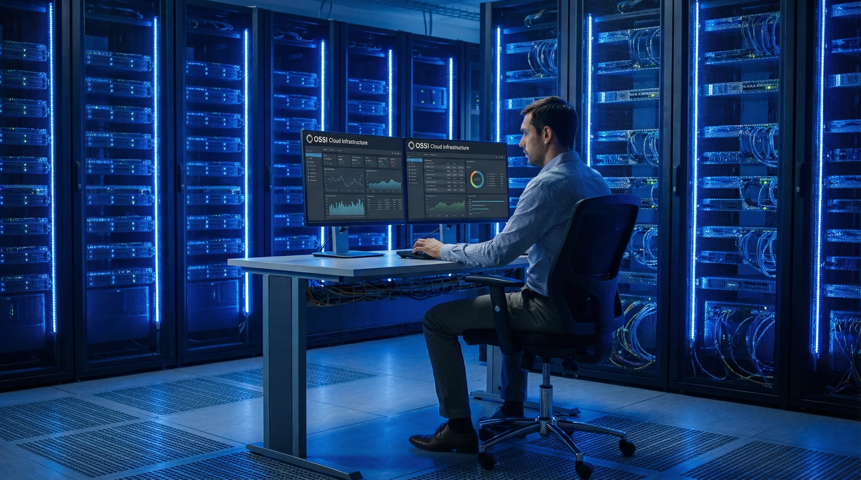 Data center server room with illuminated racks and network engineer
