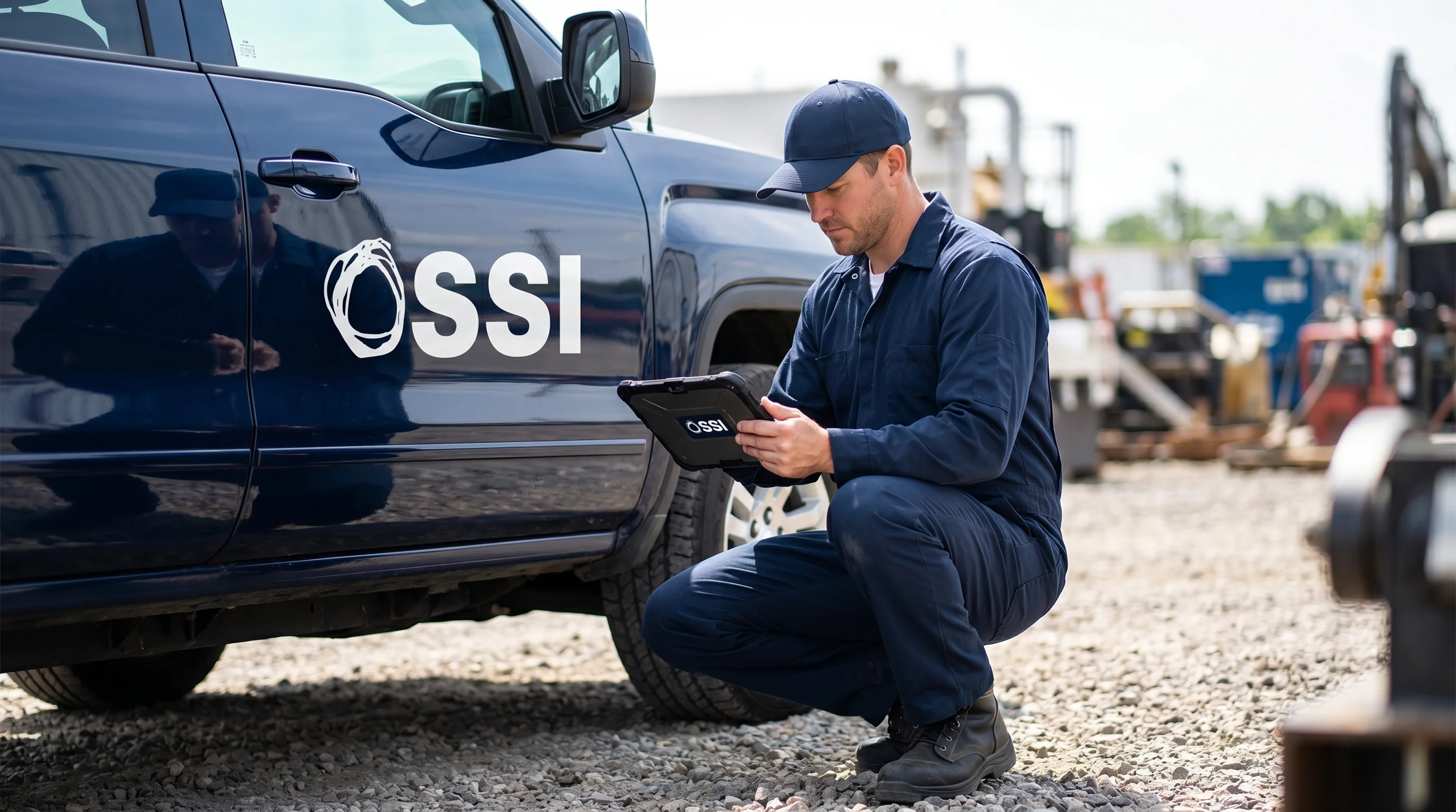 Field services technician with rugged tablet completing work order on site