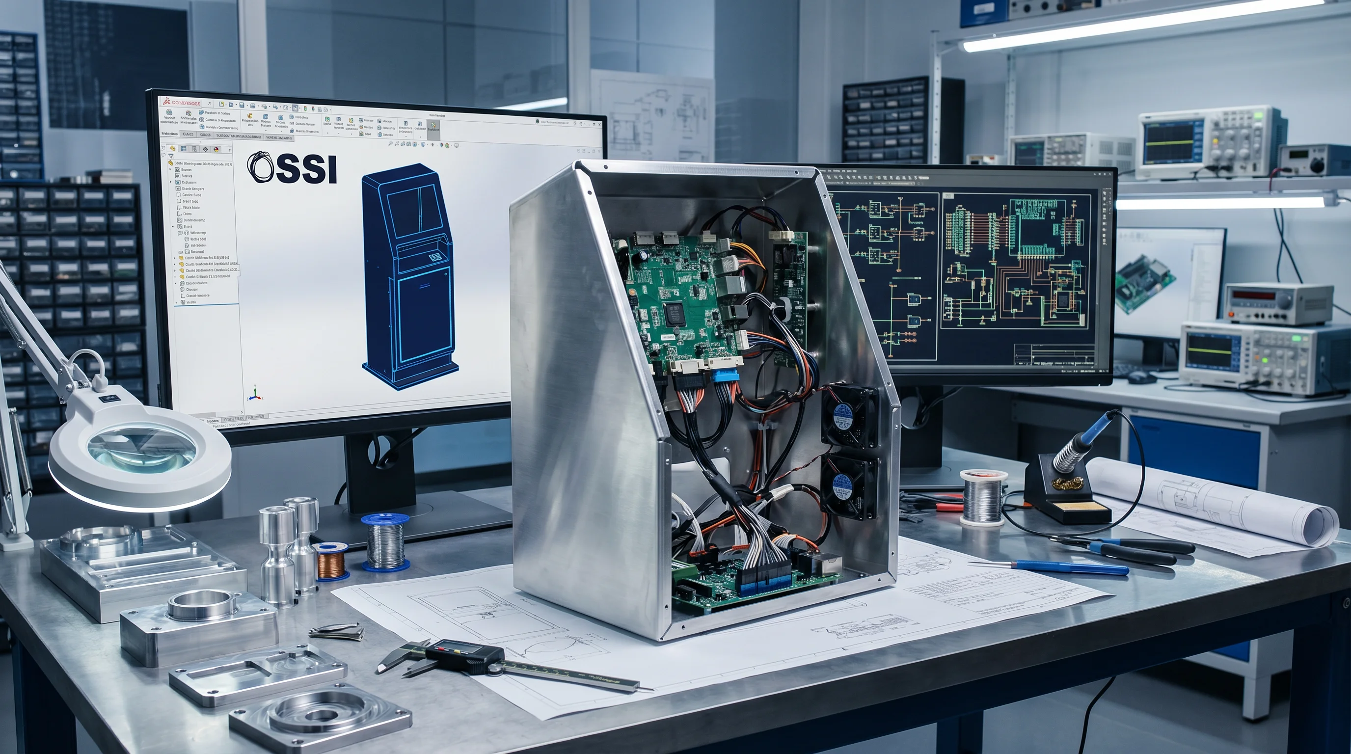 OSSI hardware engineering lab with CAD design, PCB schematics, and custom kiosk prototype