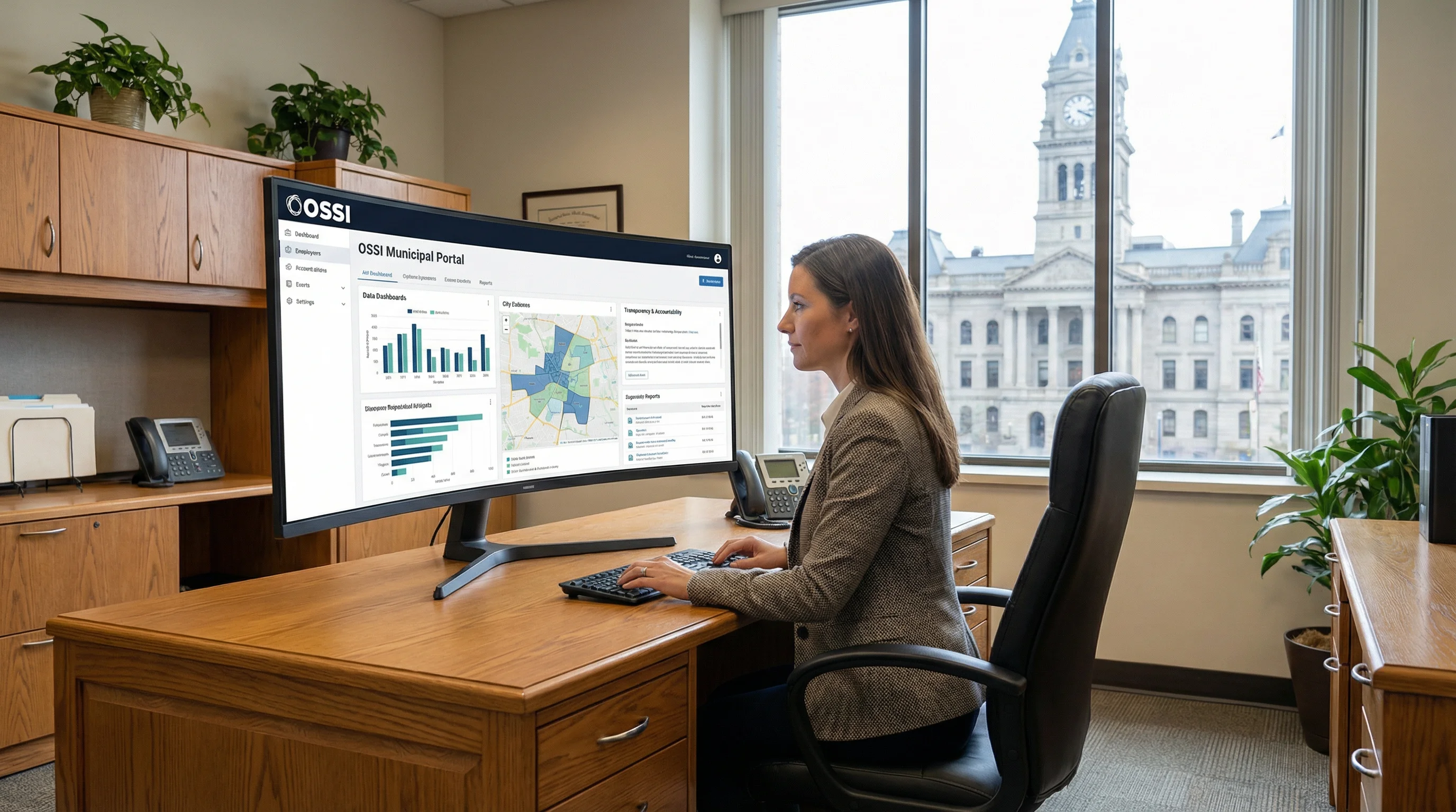 Government employee viewing municipal transparency portal with city hall in background