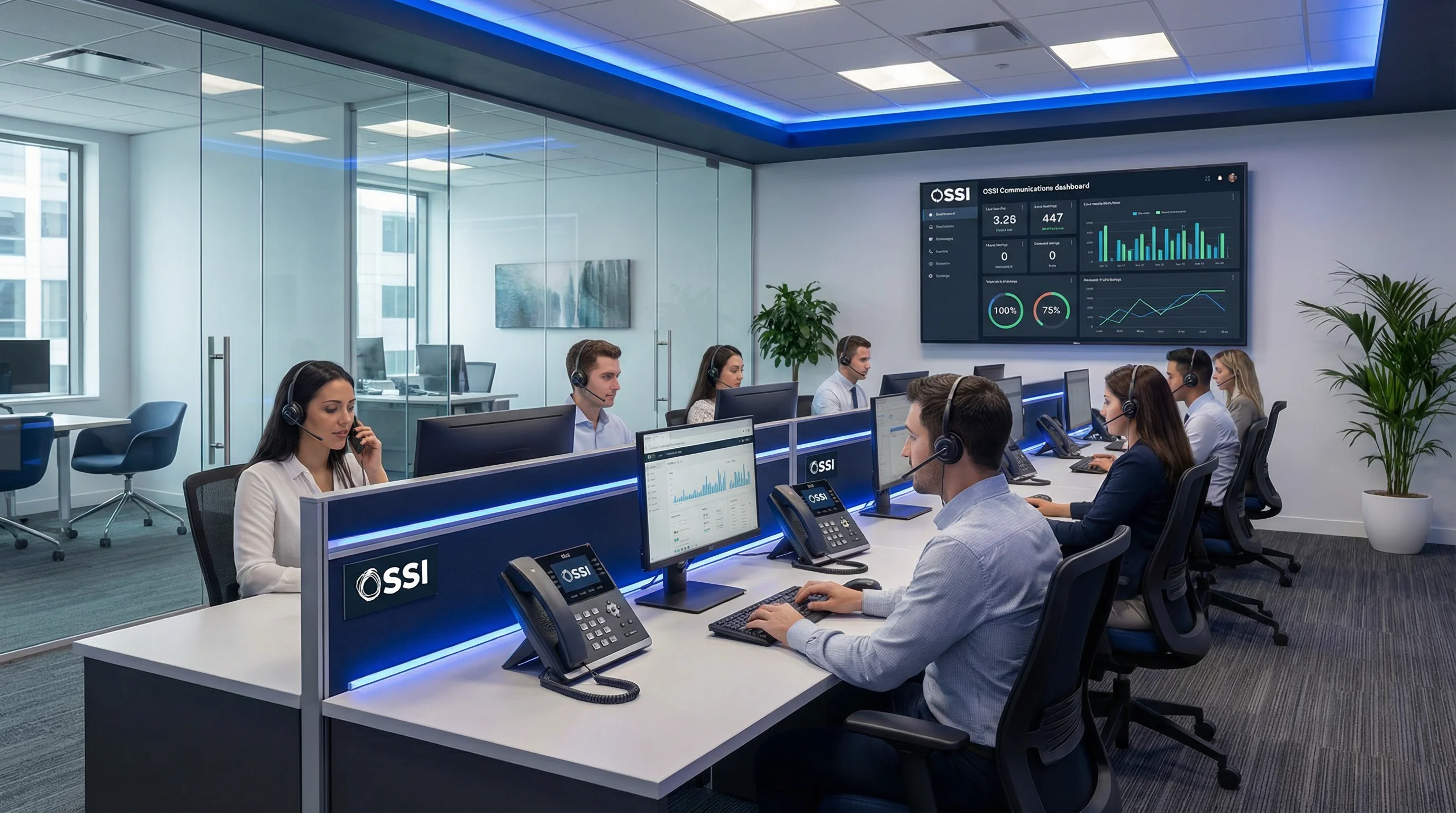 Enterprise telephony call center with IP phones and SMS dashboard