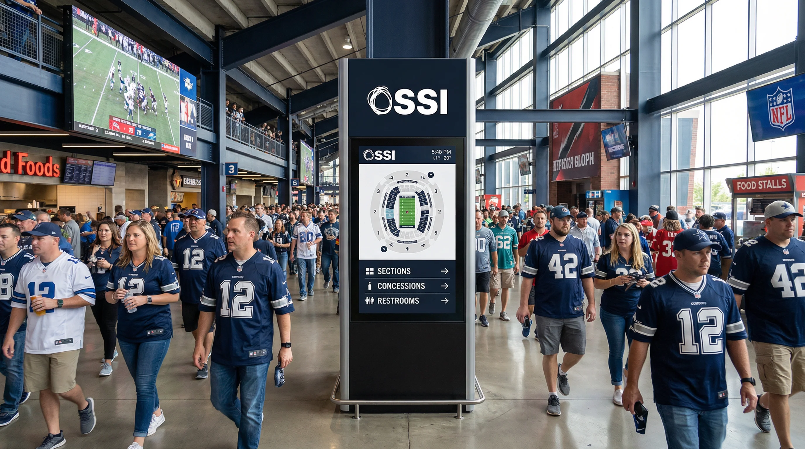 Digital wayfinding kiosk in stadium concourse directing guests